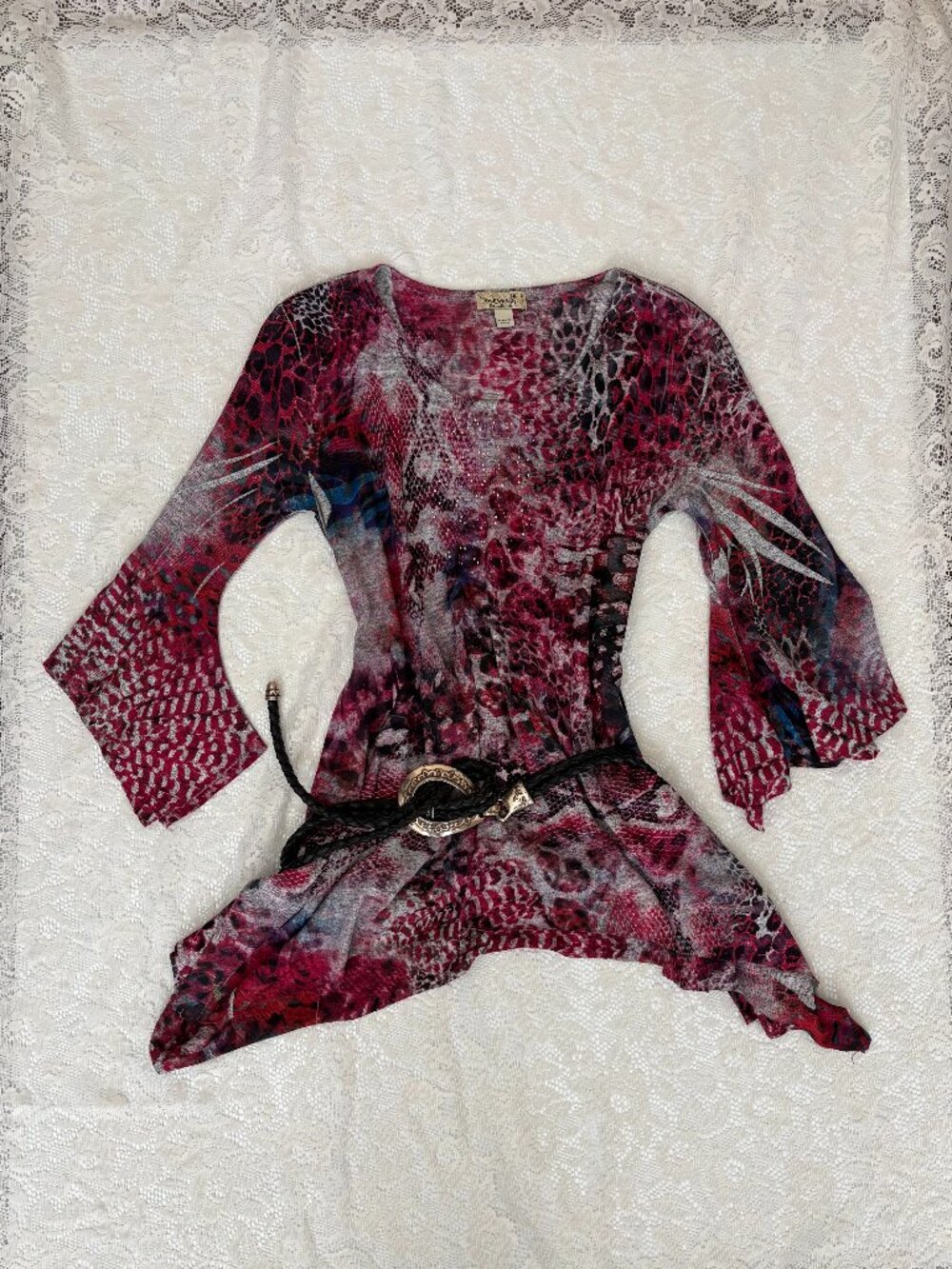 Y2K Fairy Core Boho Pink Cheetah Print Top with Bell Sleeve One World Size Small